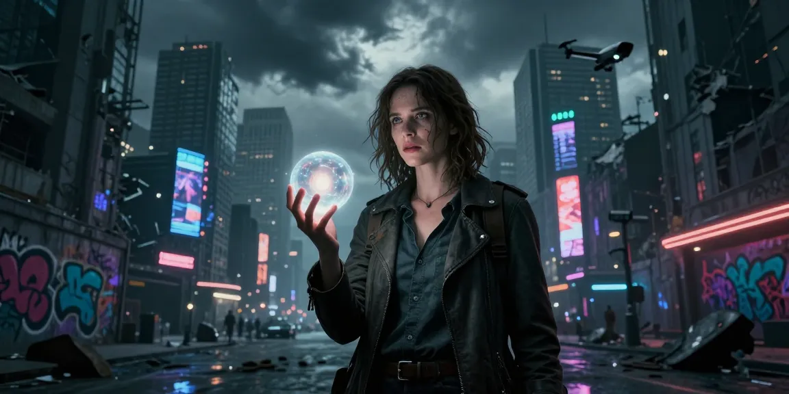 Dystopian fiction scene with Emma Thorne holding a glowing orb of emotional energy against a backdrop of a crumbling city, symbolizing rebellion.