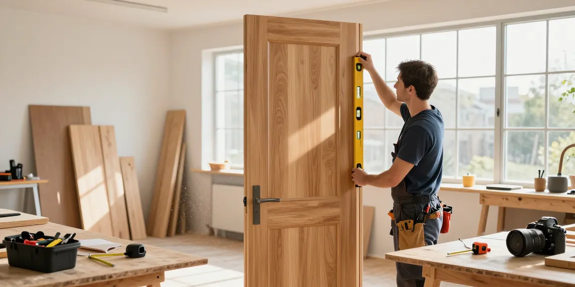 Professional carpenter installing a single leaf double swing door in a bright workshop.