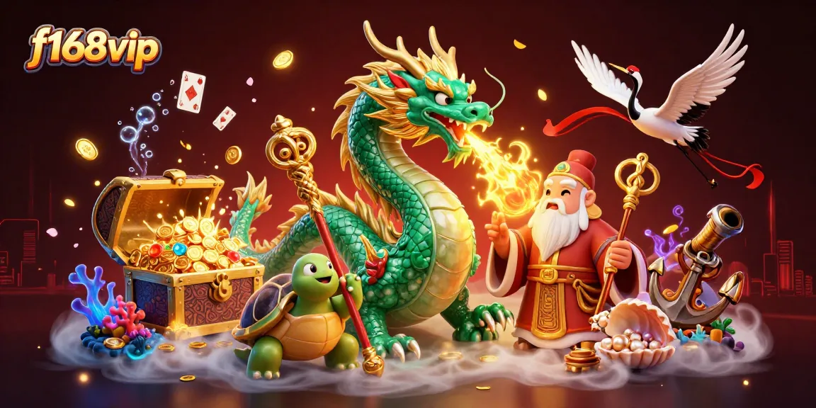 Win big with f168vip in a vibrant 3D casino scene featuring mythical creatures and treasure.
