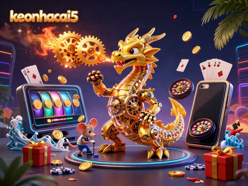 Engage with keonhacai5's immersive gaming scene featuring a golden dragon and slot games.