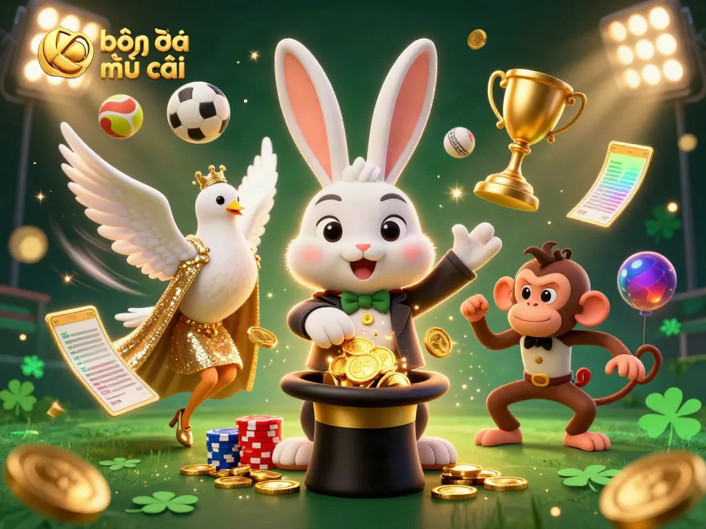 Engage in kèo bóng đá nhà cái with a magical scene featuring a 3D rabbit magician, dove assistant, and monkey thief amid lively sports elements.