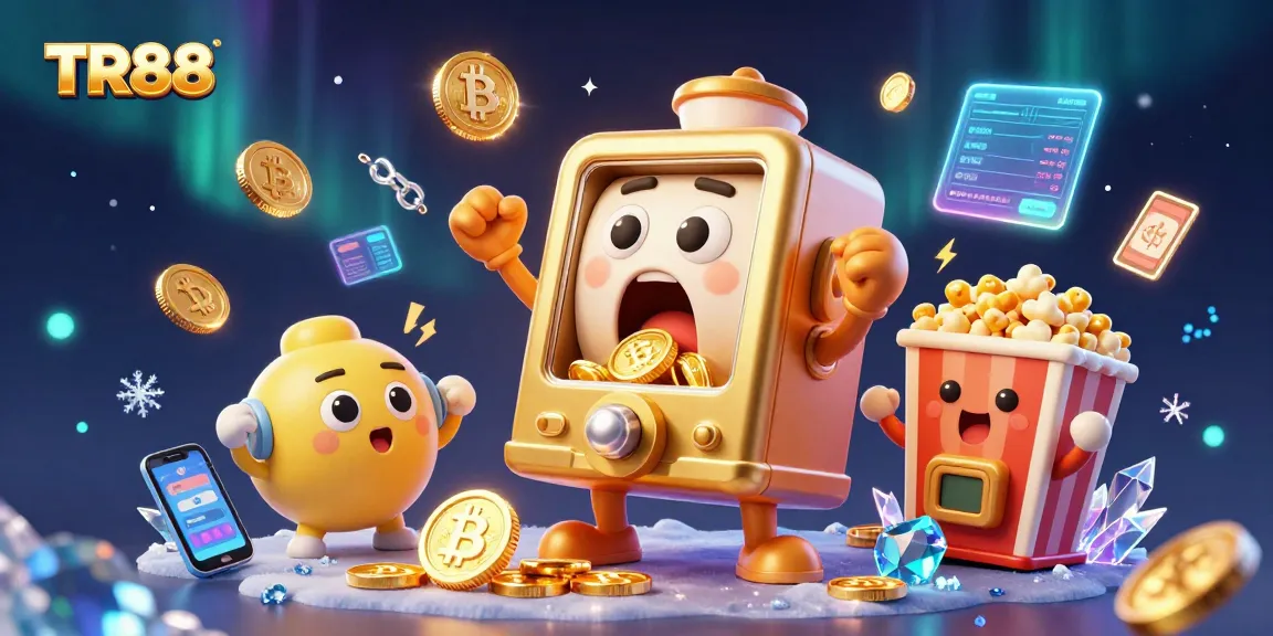 TR88 reveals a vibrant slot machine jackpot celebration filled with crypto excitement and cheering machines.