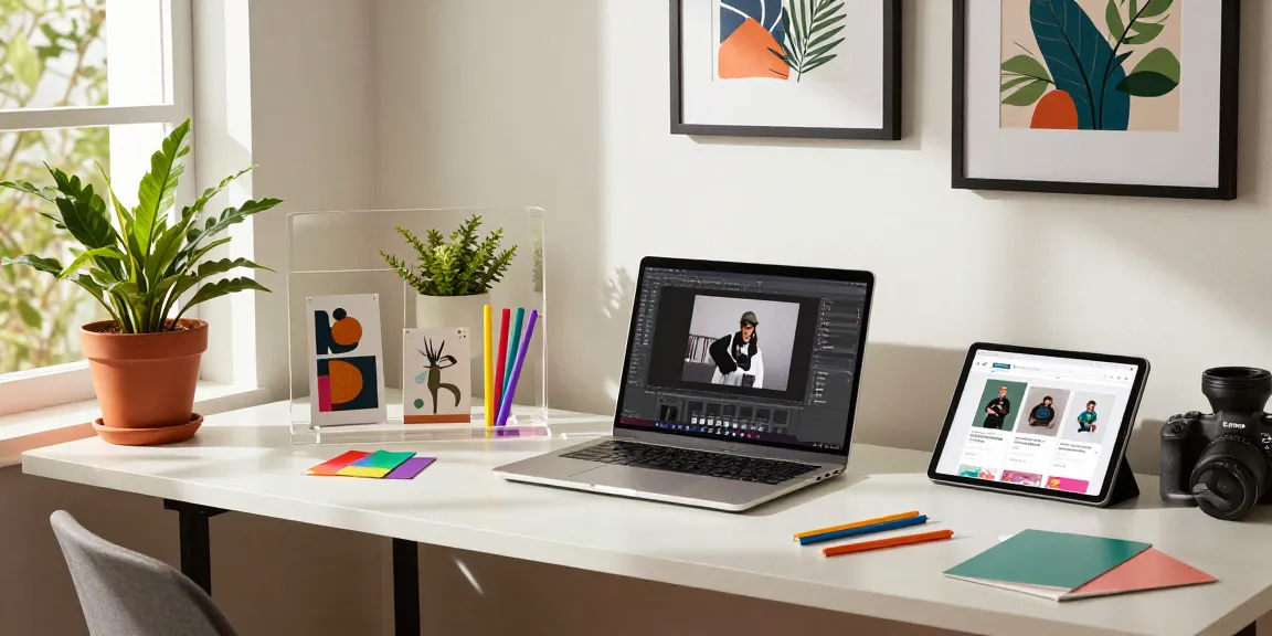 Custom acrylic stands showcasing artwork in a bright home office workspace.