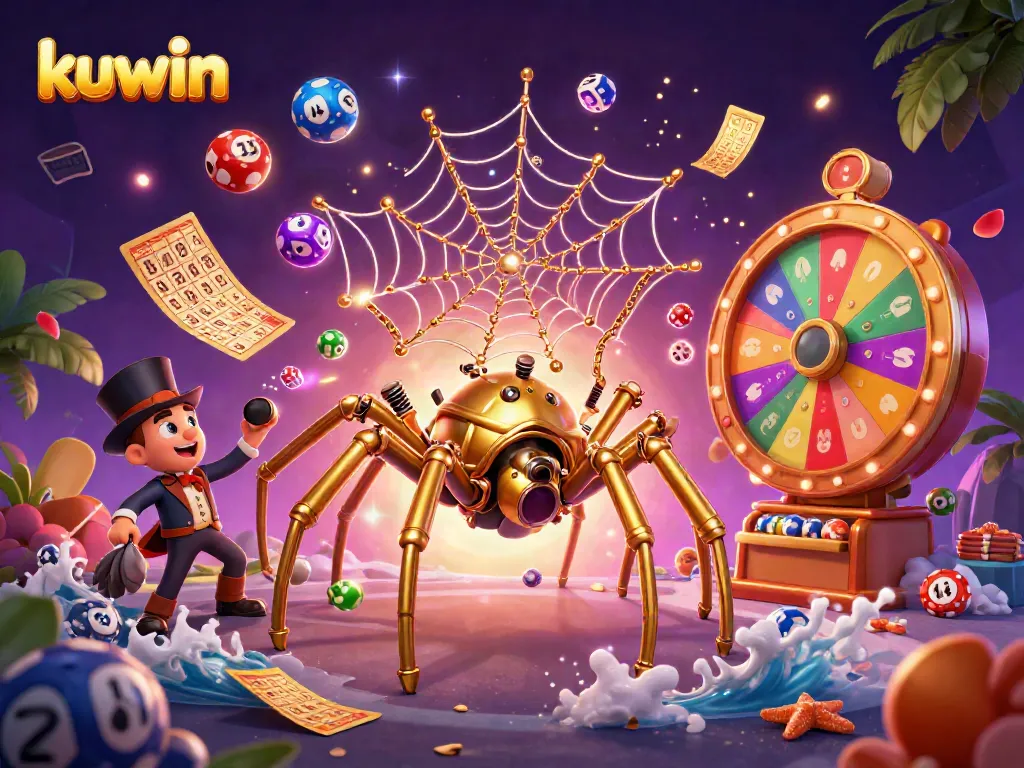Kuwin presents vibrant gameplay with a steampunk spider and dynamic lottery elements in a thrilling casino scene.