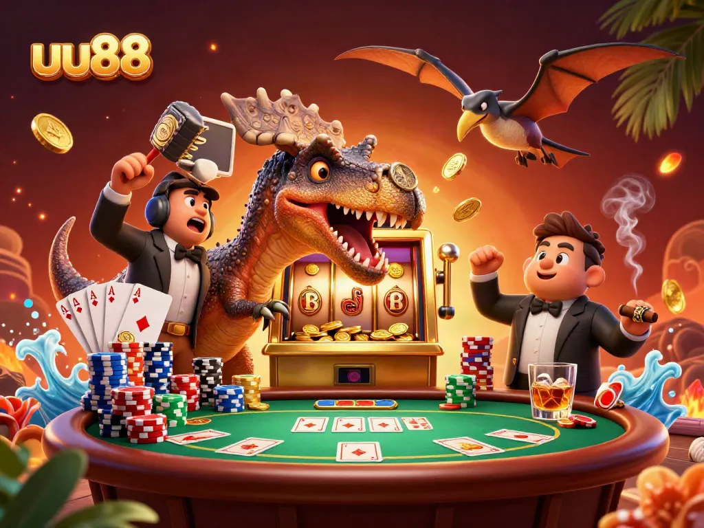 uu88 jackpot celebration with a pachycephalosaurus and gold coins in a vibrant casino scene