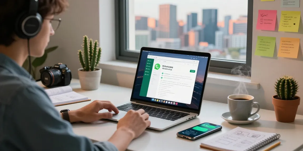 Person using WhatsApp電腦版 in modern home office with laptop and phone.