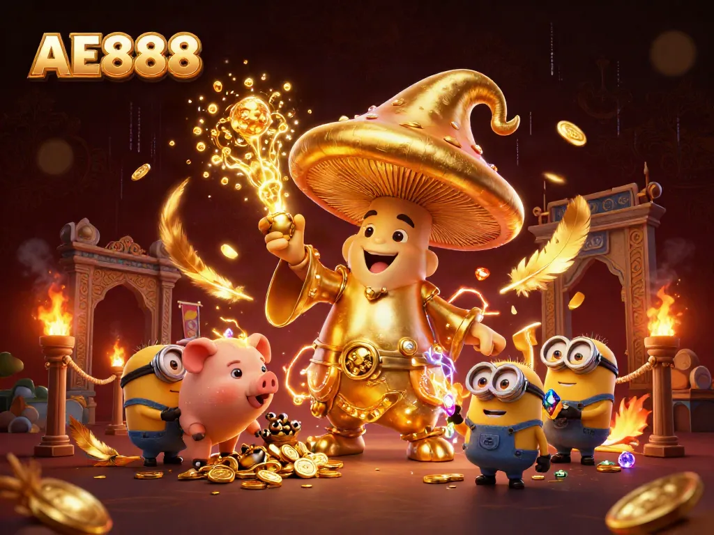 Experience the magic of AE888 with a wizard, treasure pig, and magical minions in this dynamic casino scene.