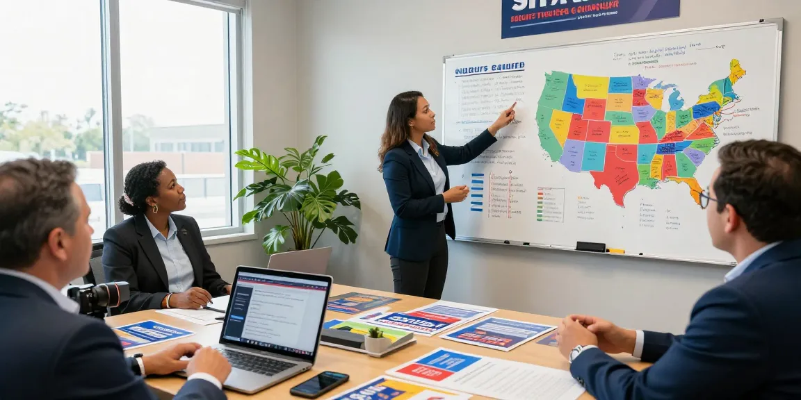 Sheriff campaign marketing strategy meeting in modern office, manager reviewing voter data and campaign plans.