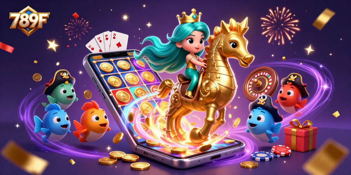 Engage in fun gaming activities with 789F's colorful casino-themed illustration showcasing a dynamic mermaid scene.