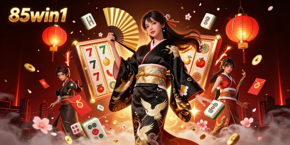 Engage in thrilling slot games at 85win1 with a vibrant illustration featuring a stylish woman and dynamic casino elements.