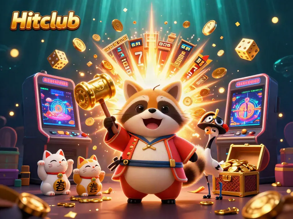 Experience the excitement of Hitclub with a vibrant scene of a cheerful tanuki, fortune cats, and dynamic casino elements.