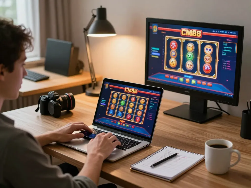 Engaged player using CM88 app on laptop and smartphone, showcasing vibrant online gaming experience.