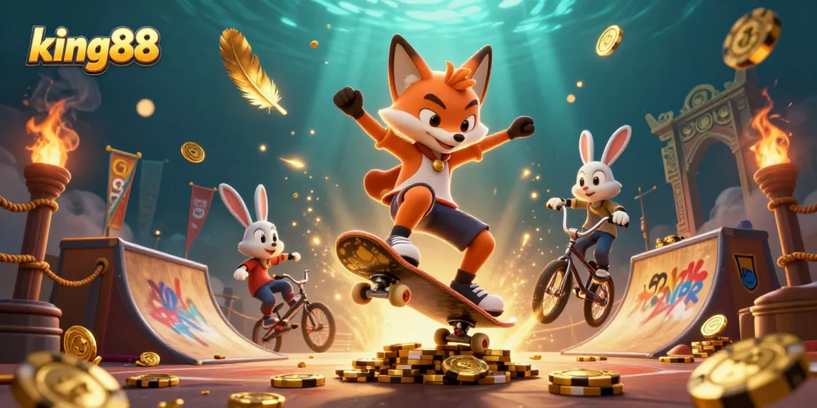 Play exciting games at king88 with a vibrant casino atmosphere, featuring fun cartoon characters.