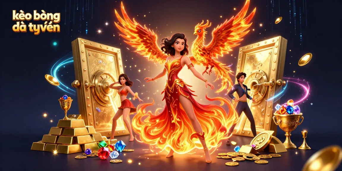 Engage in kèo bóng đá trực tuyến betting with stunning Asian woman and fiery phoenix amidst treasure.
