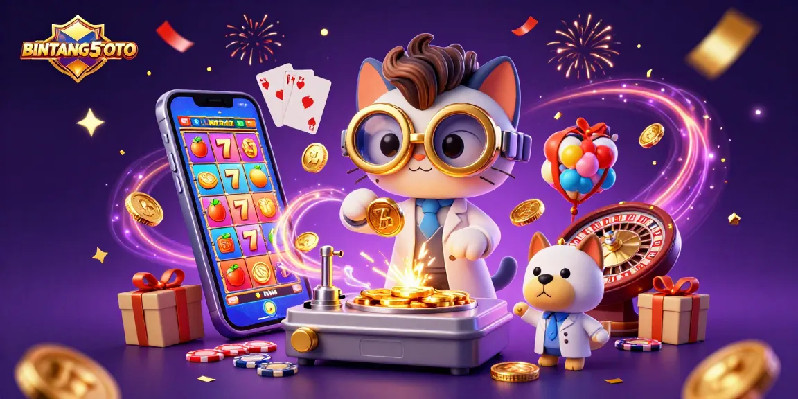 BINTANG5TOTO showcases a dynamic casino scene with a mad scientist cat and dog creating gold coins amidst exciting slot game elements.