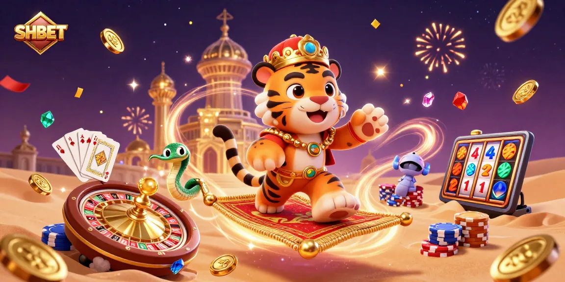 Experience the excitement of SHBET casino through a vibrant 3D illustration of a magic sultan amid treasures.