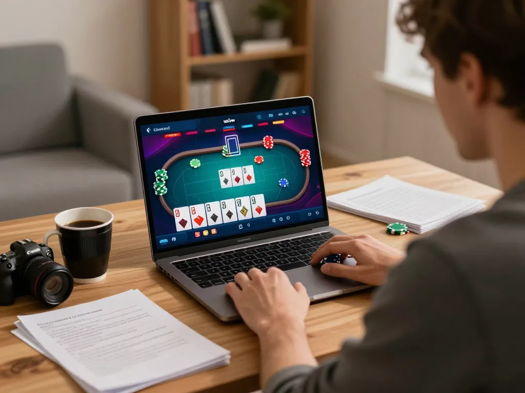 Player engages in an online poker game at home using F8bet, showcasing strategy and focus.