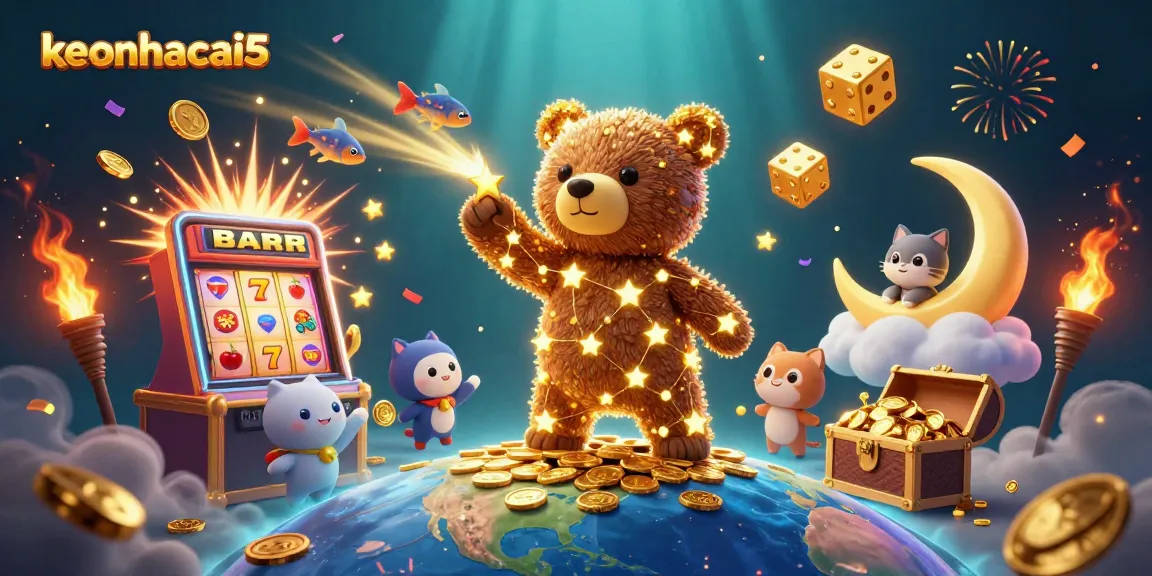 Experience the thrill of keonhacai5 as a constellation bear scoops coins amidst vibrant casino elements.