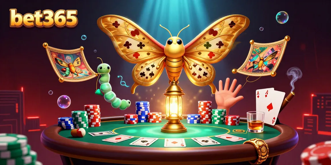 Play bet365 with stunning atmosphere featuring poker tables, golden moth, and vibrant casino scenes.