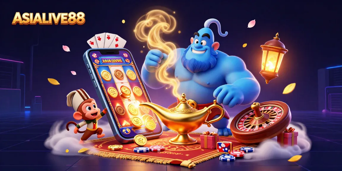 Join the excitement at ASIALIVE88 with a dazzling casino scene featuring a genie, poker chips, and vibrant slot games.
