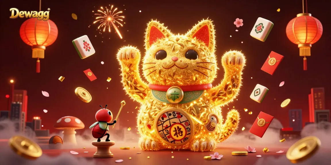 Dewagg captures excitement with a giant lucky cat made of golden fireflies, complemented by lively casino symbols.