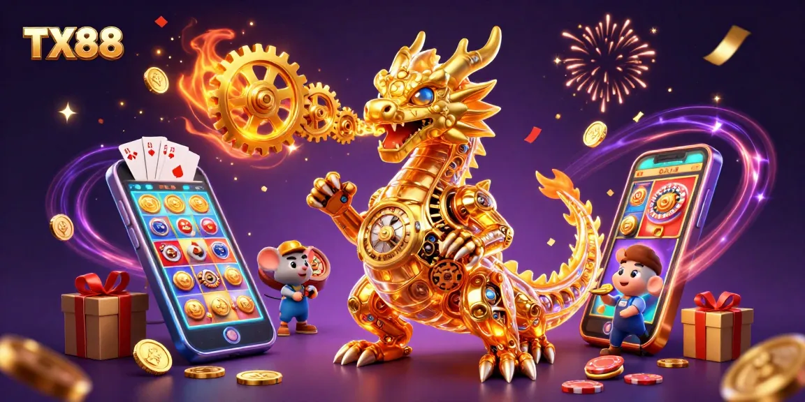 Experience the thrill of TX88 with a vibrant 3D casino scene filled with golden gears and exciting games.