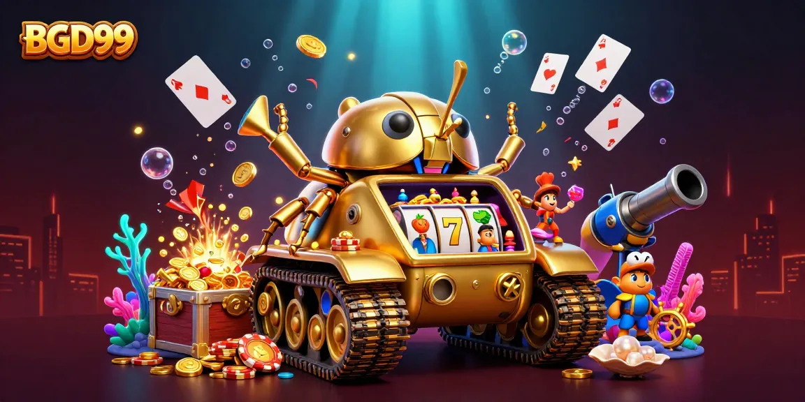 Witness the excitement of BGD99 with a vibrant 3D illustration featuring a golden beetle tank casino revealing lively gaming elements.