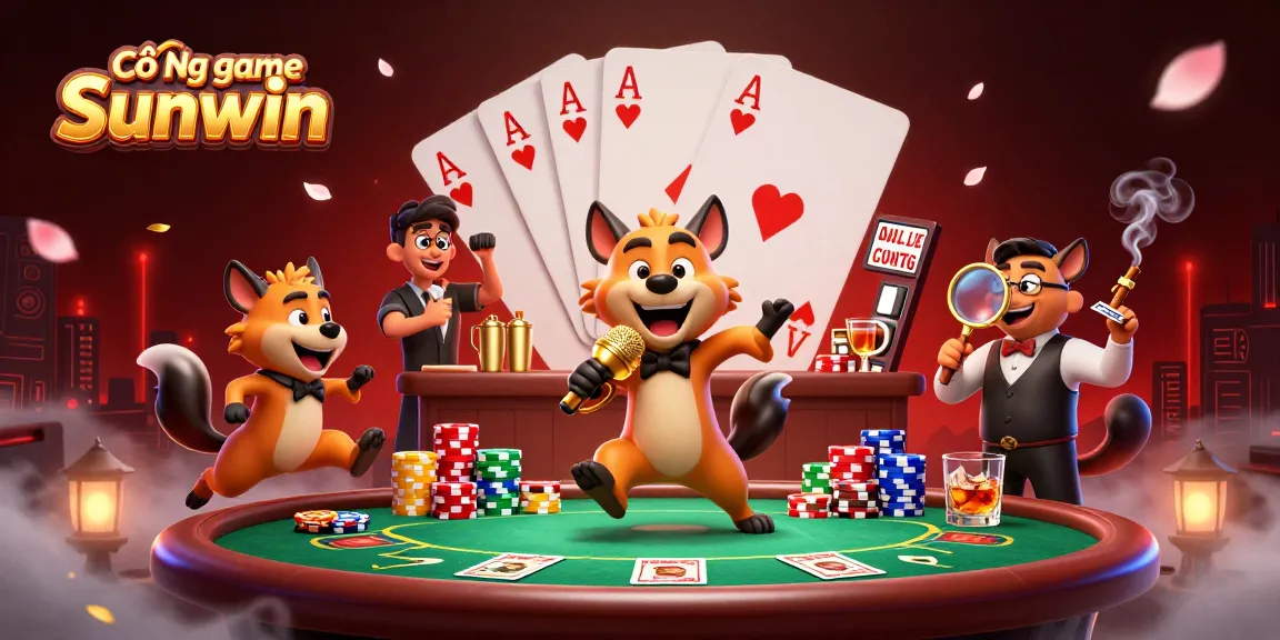 Cổng game Sunwin features lively hyenas in a vibrant casino scene with poker elements and dynamic energy.