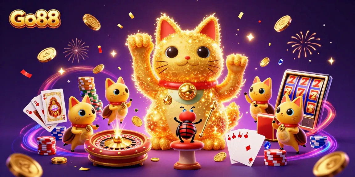 Go88 showcases a magical casino scene with a lucky cat and golden coins raining down during gameplay.