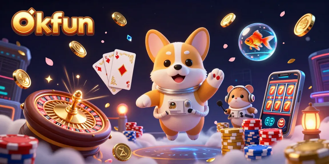 Experience thrilling games at okfun casino with floating characters and vibrant casino elements.