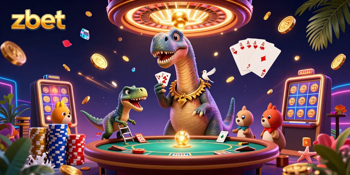 Engage with zbet's vibrant casino scene featuring a playful brontosaurus and raptor dealer.