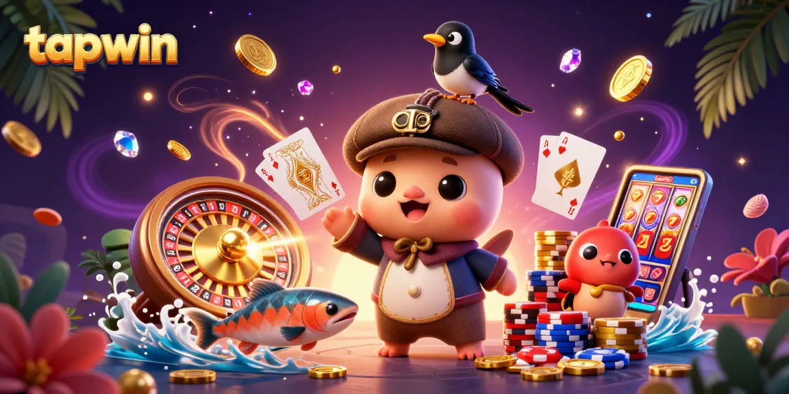 Experience the thrill at tapwin with lively casino characters, dazzling coins, and festive gambling elements.