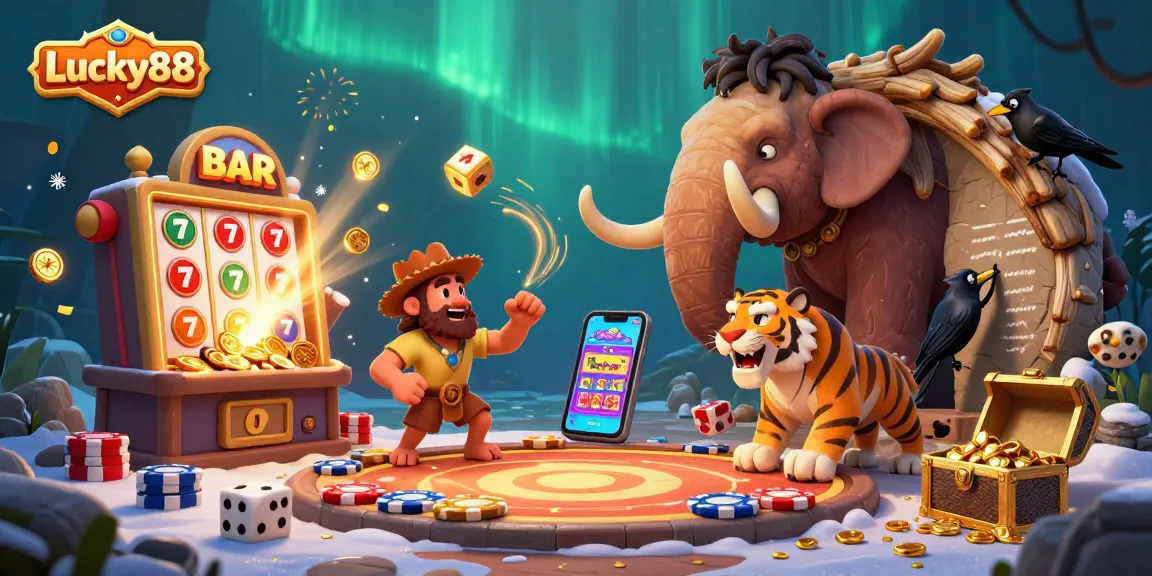Engage with Lucky88's exciting prehistoric casino scene featuring cartoon characters and dynamic game elements.