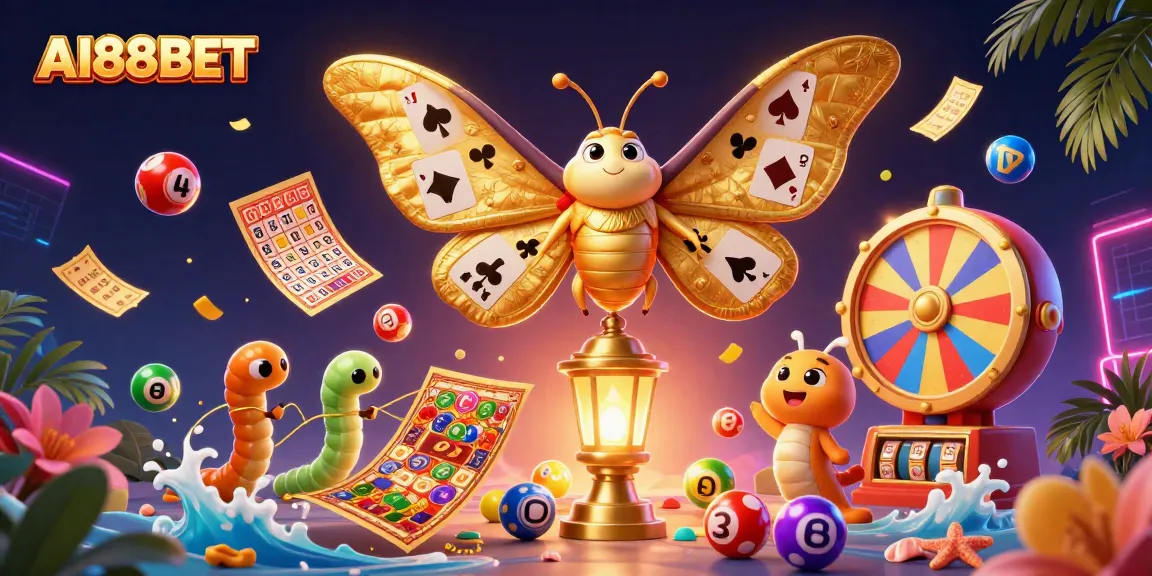 AI88BET engages players with vibrant casino elements and dynamic lottery scenes in a 3D digital illustration.
