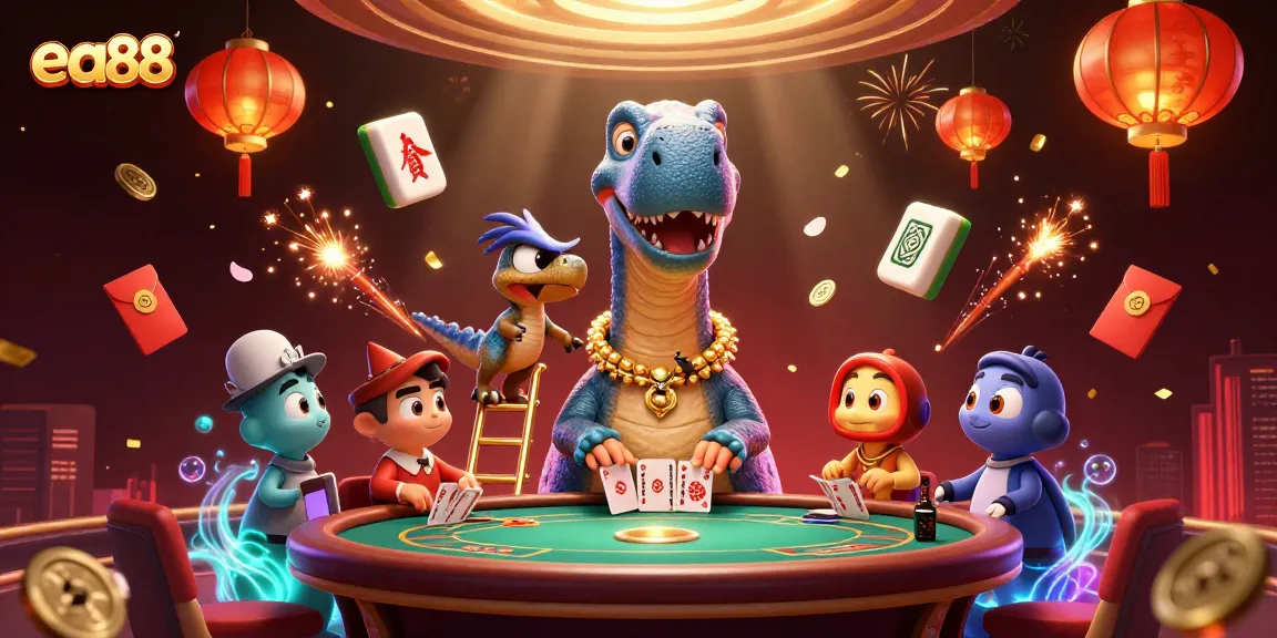 Experience thrilling moments at ea88 with a cartoon dinosaur dealing cards at a vibrant casino.