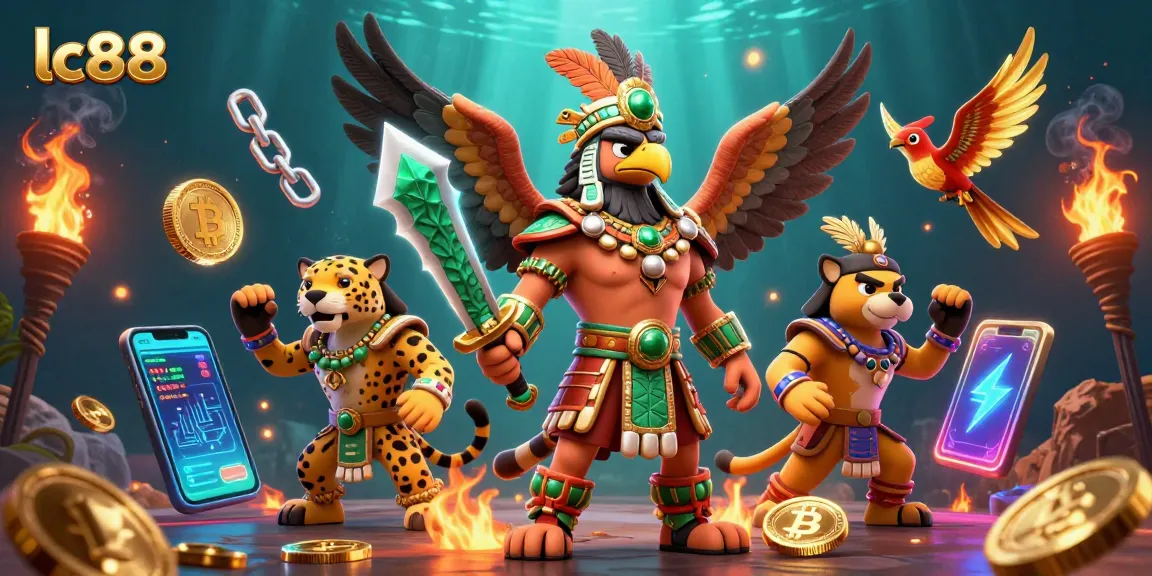 Experience thrilling gaming at lc88 with epic warriors and dazzling crypto elements in a vibrant casino scene.