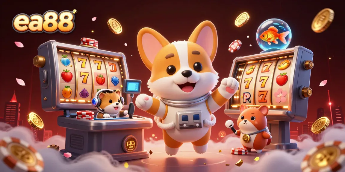Experience the thrill of ea88 casino action with 3D astronaut corgi amidst floating slot reels and golden coins.