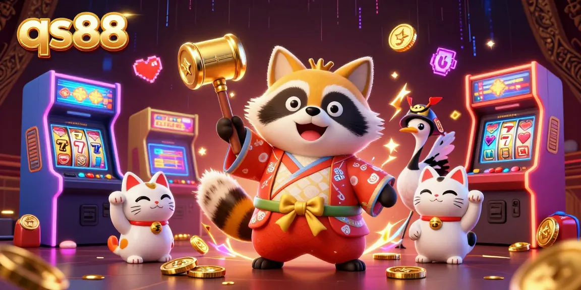 qs88 slot game fun with cheerful tanuki and lucky symbols in vibrant casino scene