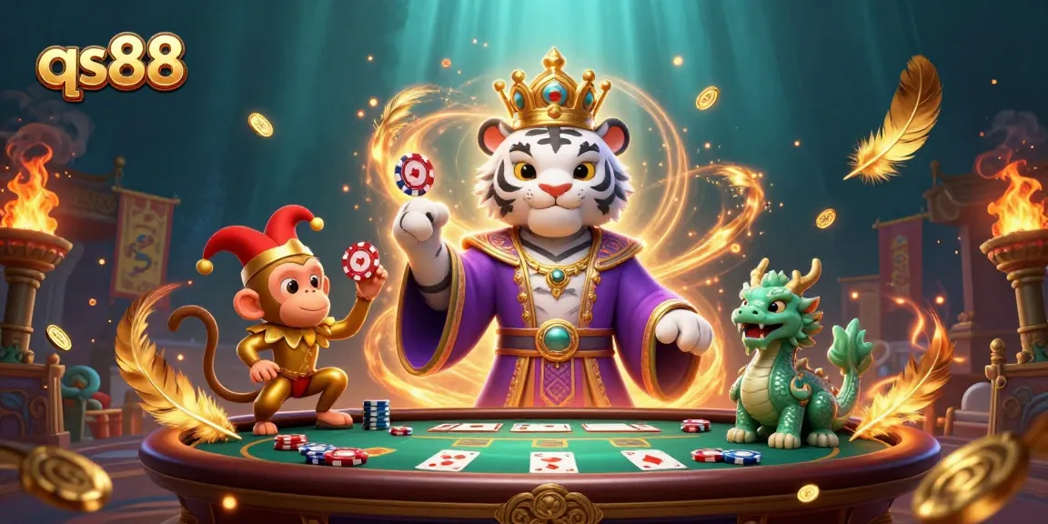 Engage in winning strategies at qs88 with a captivating scene of a tiger, monkey, and dragon in a rich casino setting.