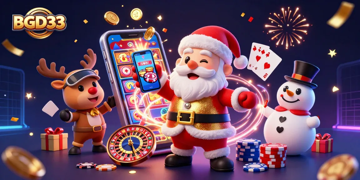 Experience the thrill of winning with BGD33 in a festive casino environment, complete with Santa and friends.