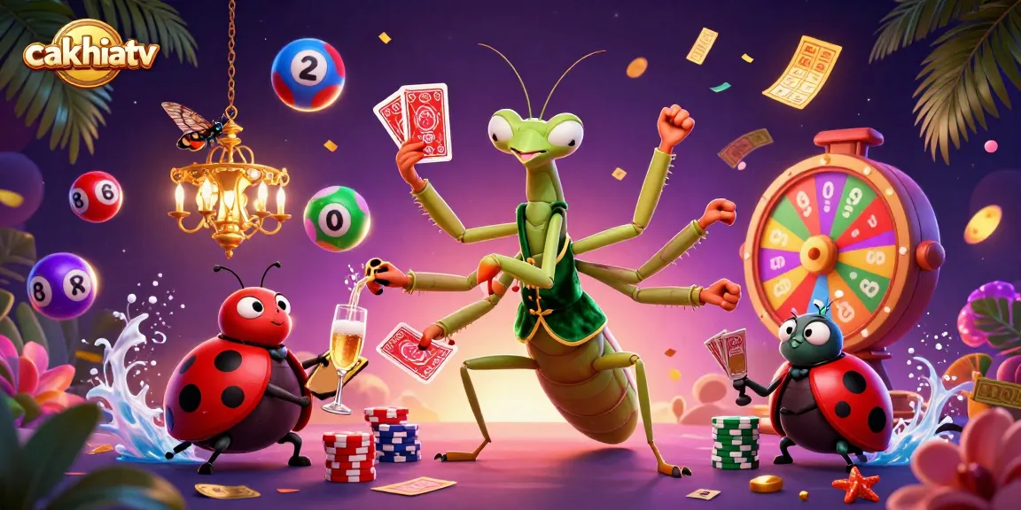 Cakhiatv showcases a vibrant casino atmosphere with a giant praying mantis card sharp and ladybug pit boss, featuring dynamic lottery balls.