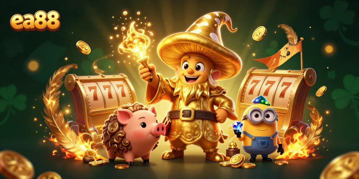 Spin the slots at ea88 with magical golden wizard and treasure-hunting pig in vibrant 3D art