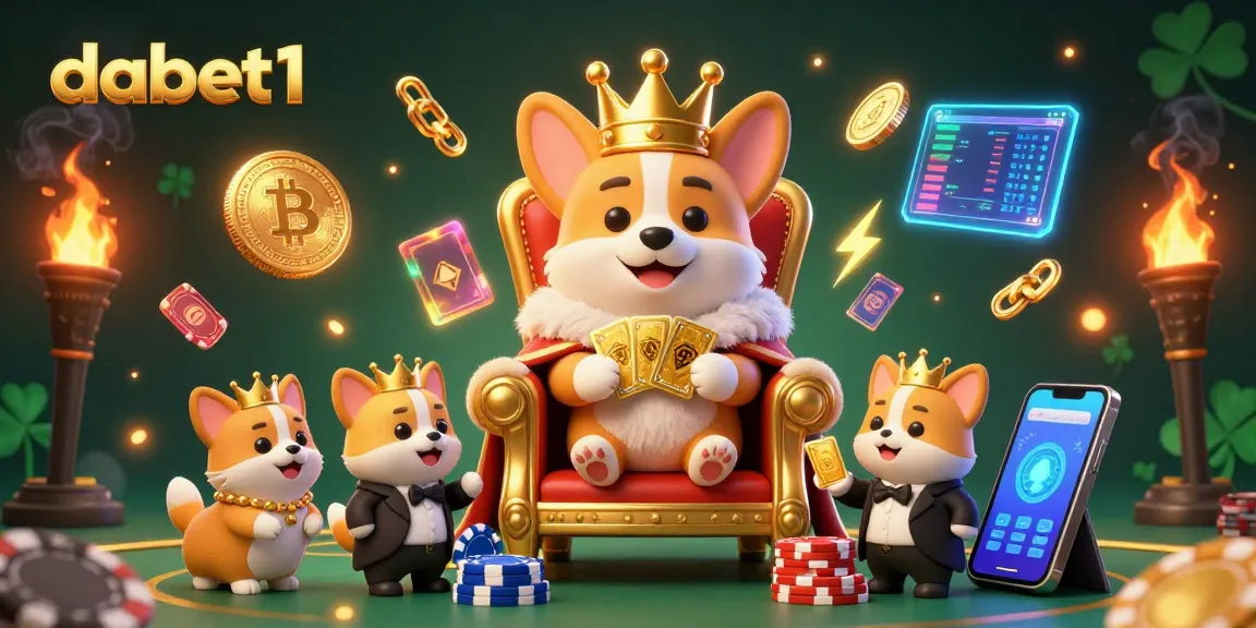 Play exciting games at dabet1 with a playful royal corgi on a poker chip throne surrounded by crypto elements.