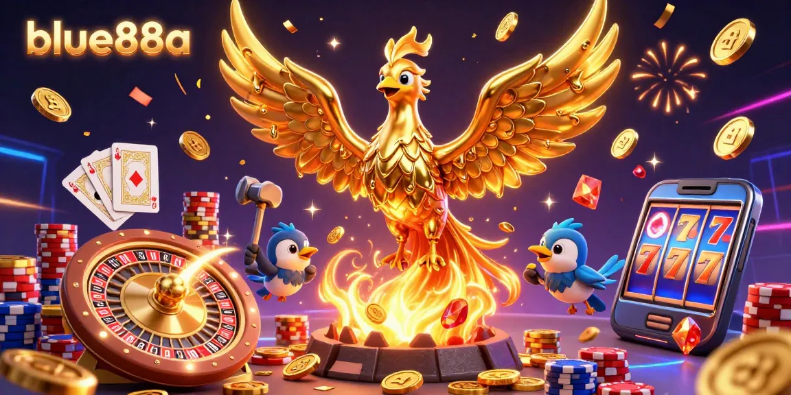 Experience the thrilling world of blue88a with a golden phoenix and dynamic casino elements.