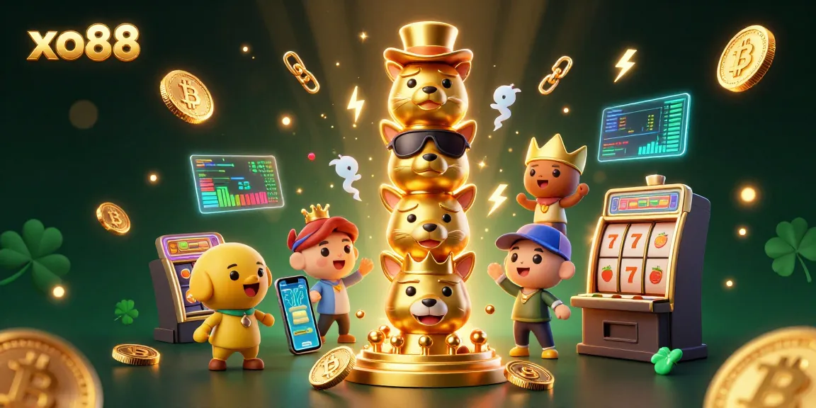 Experience the vibrant world of xo88 with a dynamic 3D casino scene featuring quirky totem animals and cryptocurrency elements.
