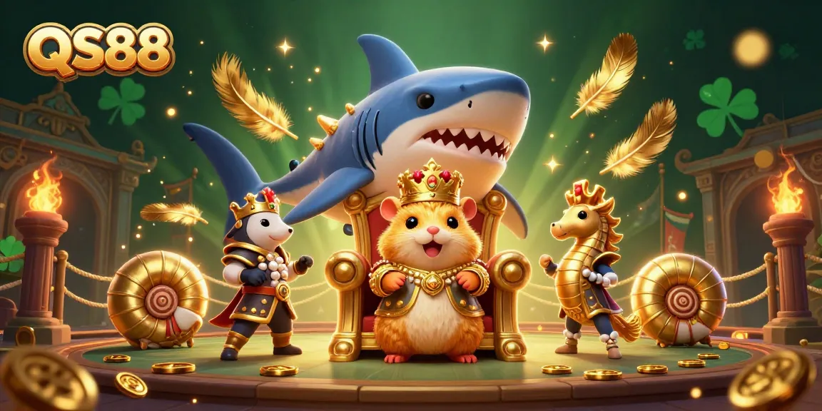 Bet on your wins with QS88 at a vibrant underwater casino featuring a fierce golden hamster king.